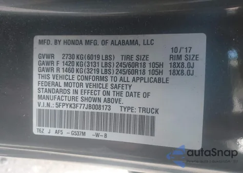 2018 Honda Ridgeline Rtl-E из США, поврежденный, VIN 5FPYK3F77JB008173